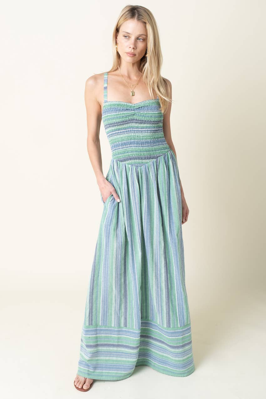 Estelle Stripe Smocked Maxi Dress: Green Blue / Contemporary / S