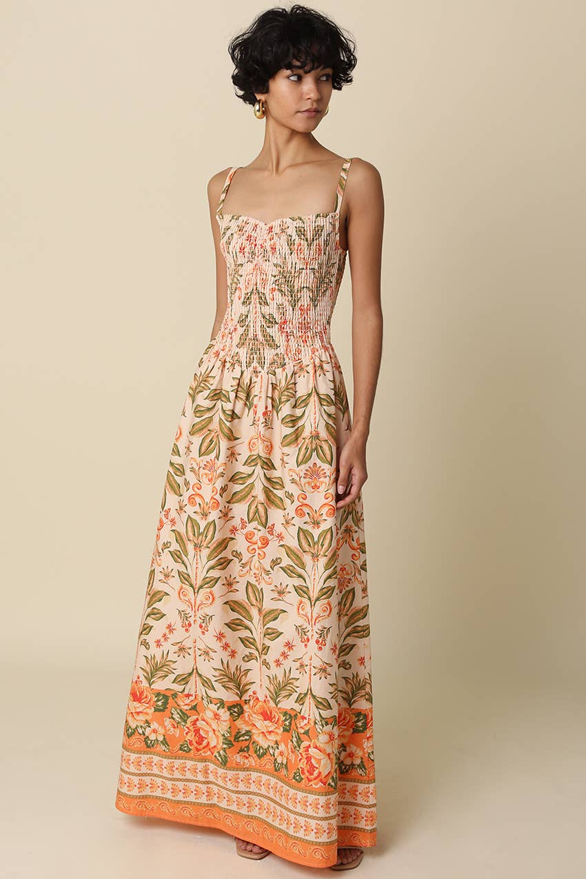Sienna Botanical Border Maxi Dress: Peach Multi / Contemporary / S