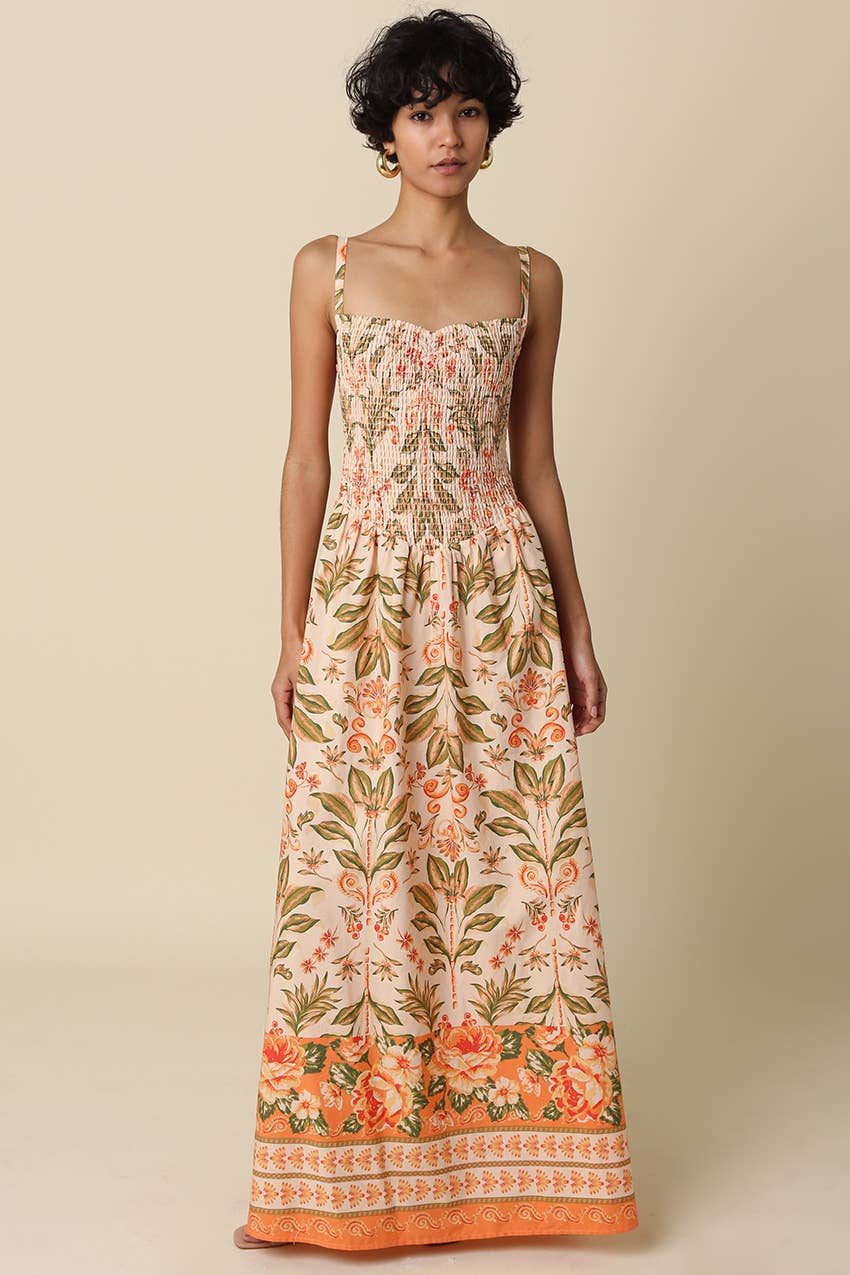 Sienna Botanical Border Maxi Dress: Peach Multi / Contemporary / S