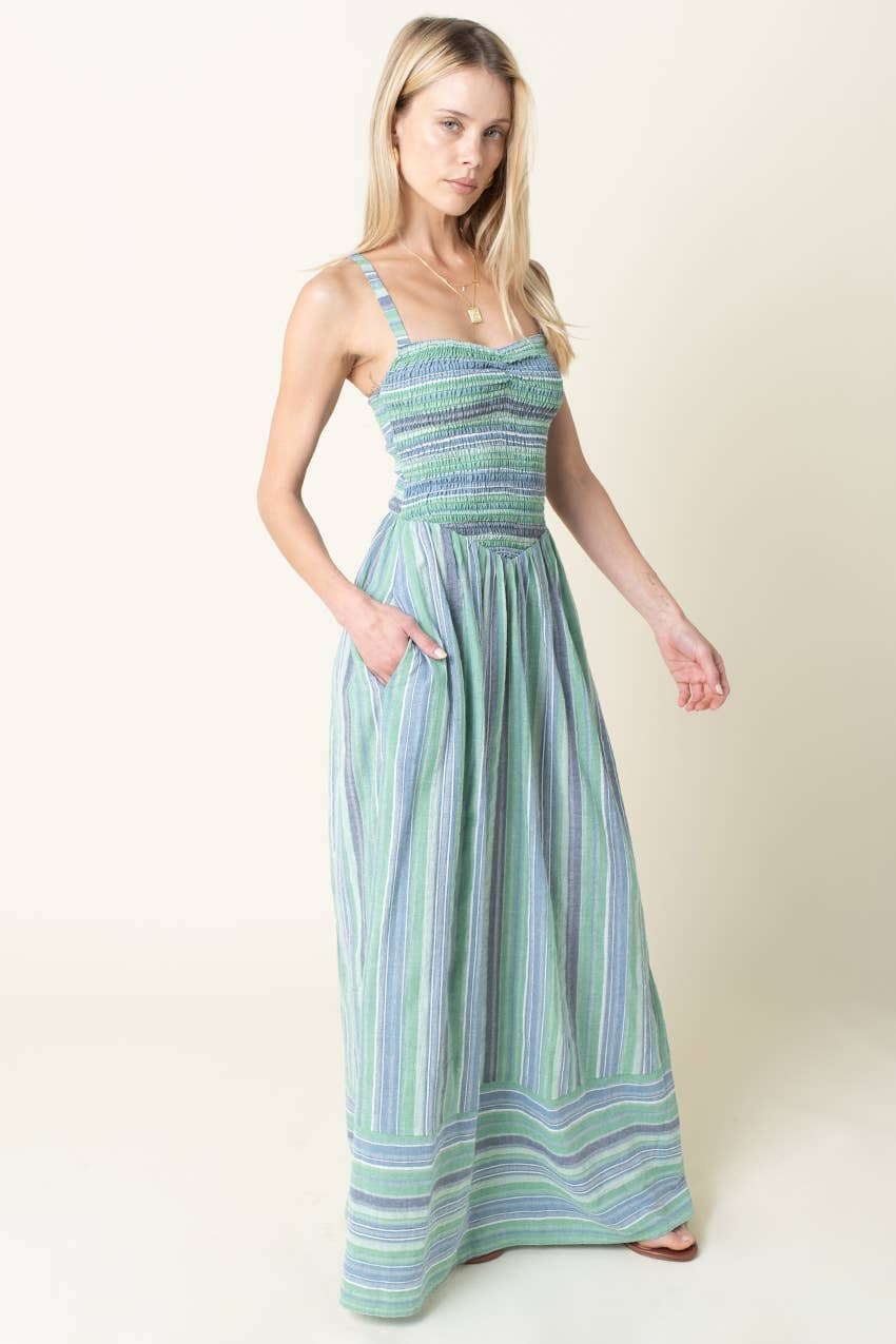 Estelle Stripe Smocked Maxi Dress: Green Blue / Contemporary / M