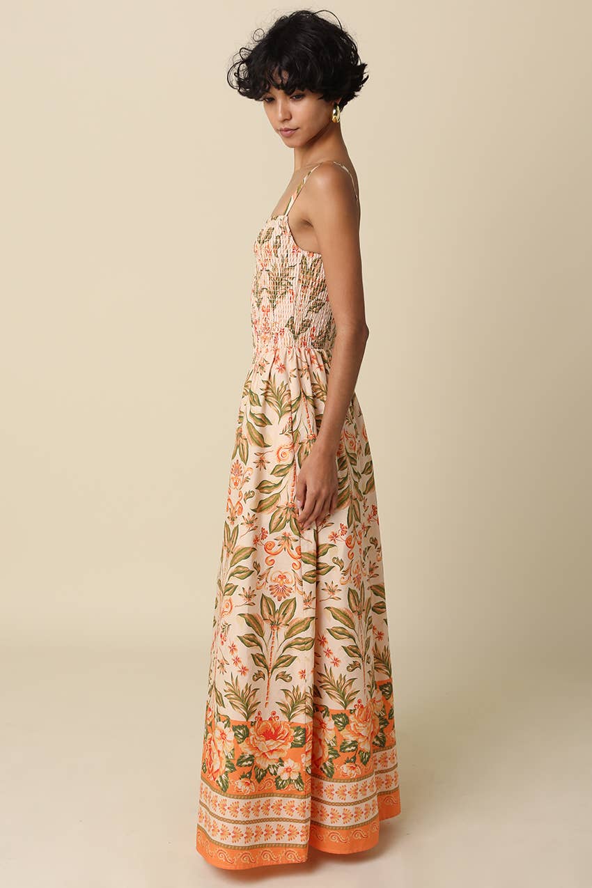 Sienna Botanical Border Maxi Dress: Peach Multi / Contemporary / S