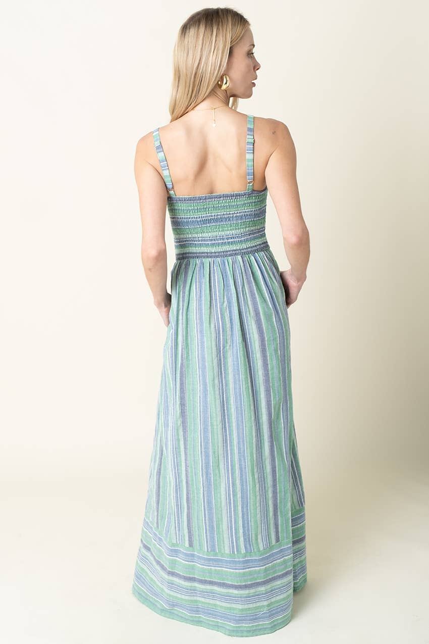 Estelle Stripe Smocked Maxi Dress: Green Blue / Contemporary / S
