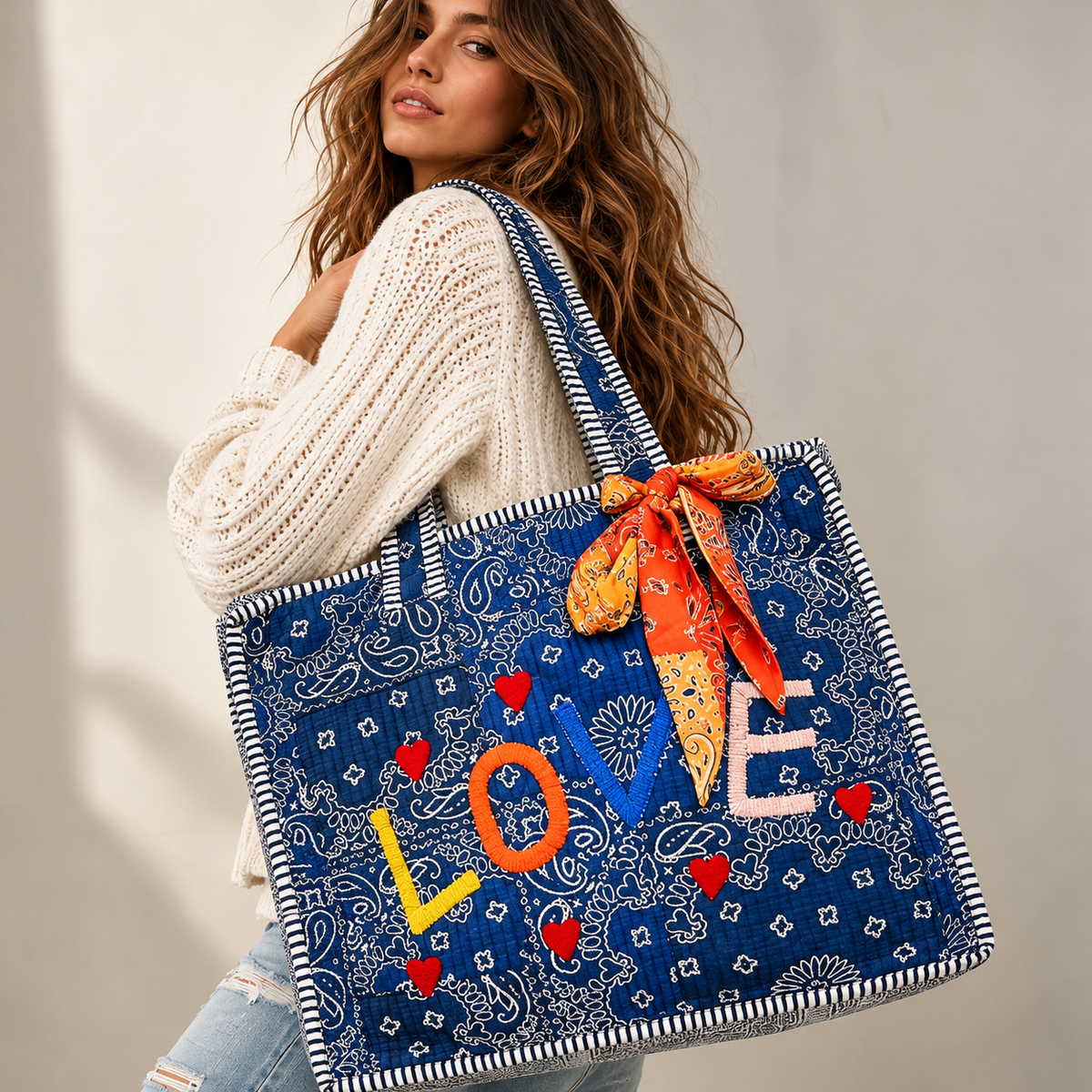 Bandana Navy Embroidered LOVE tote bag