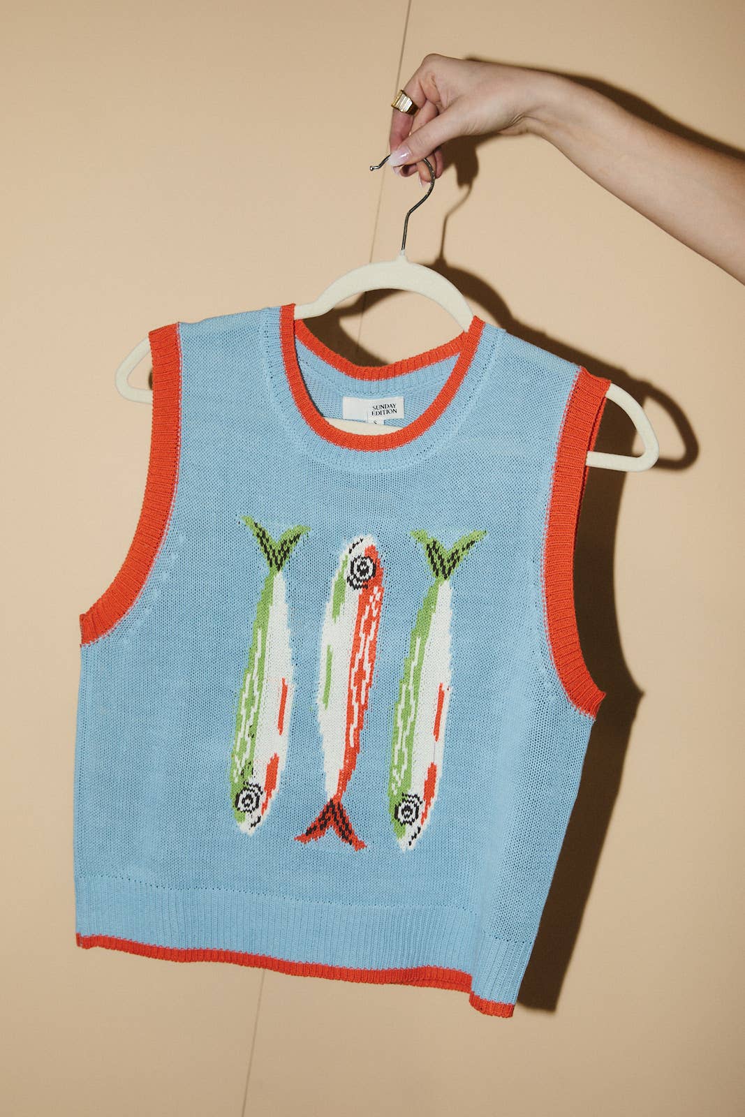 ROUND NECK 'FISH' GRAPHIC SWEATER VEST: LT BLUE / S