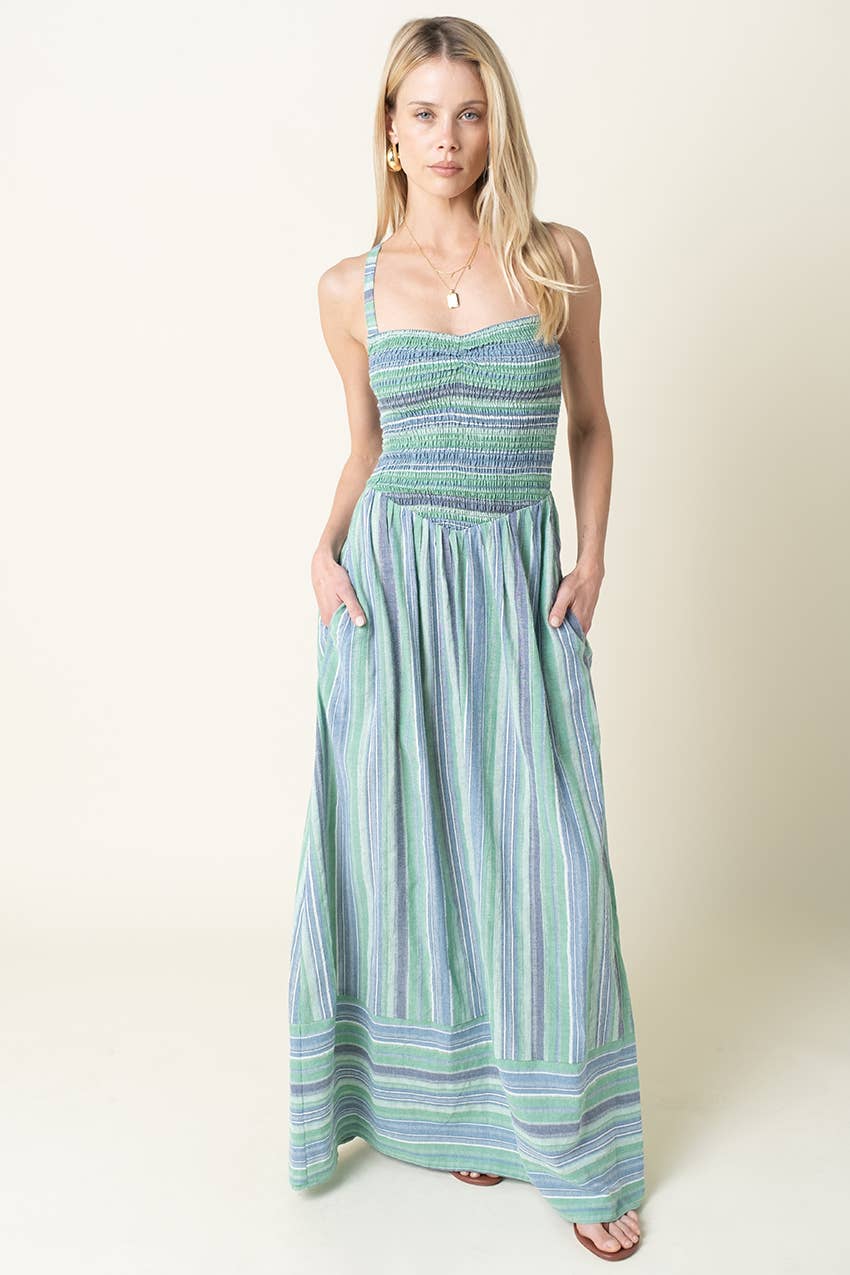Estelle Stripe Smocked Maxi Dress: Green Blue / Contemporary / L